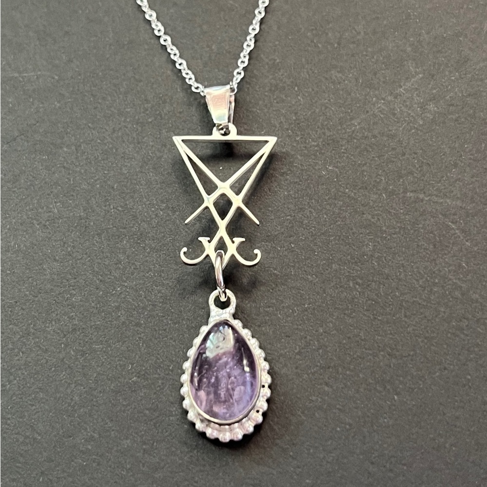 Amethyst Lucifer Sigil necklace - Crystal stainless steel Lucifer neckla…